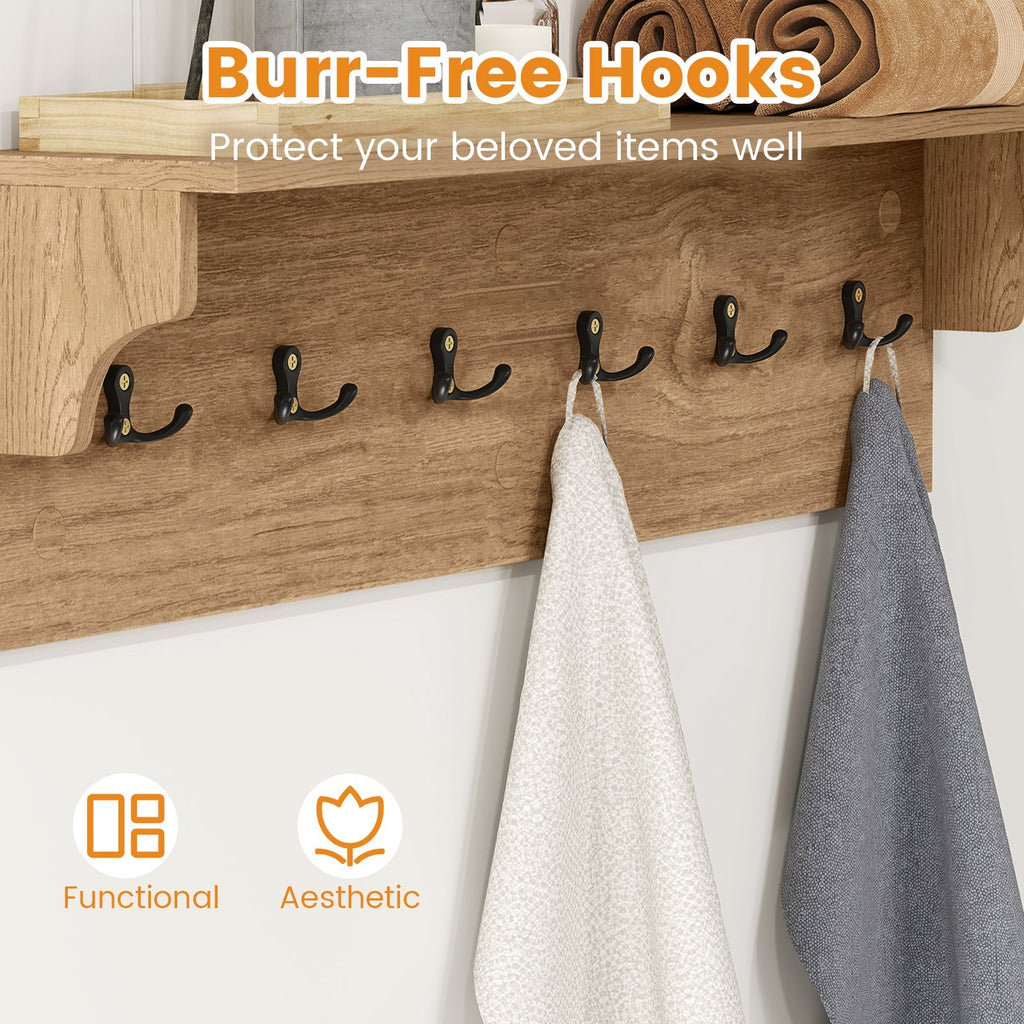 Wall Hooks with Shelf 31.5inch Wooden Coat Rack with 6 Hooks for Hats Towels Purses Robes