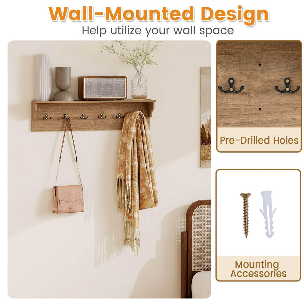 Wall Hooks with Shelf 31.5inch Wooden Coat Rack with 6 Hooks for Hats Towels Purses Robes