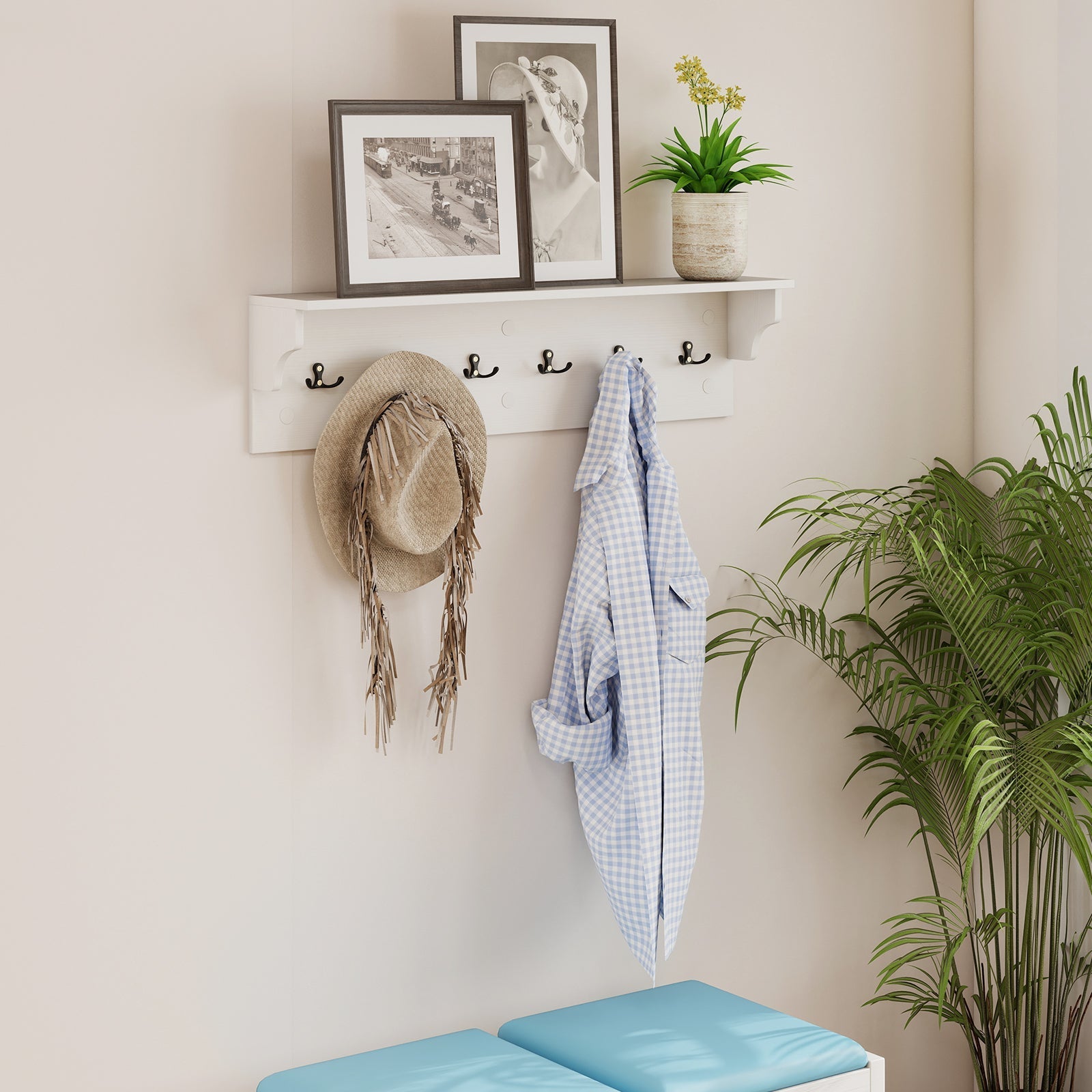 Wall Hooks with Shelf 31.5inch Wooden Coat Rack with 6 Hooks for Hats Towels Purses Robes