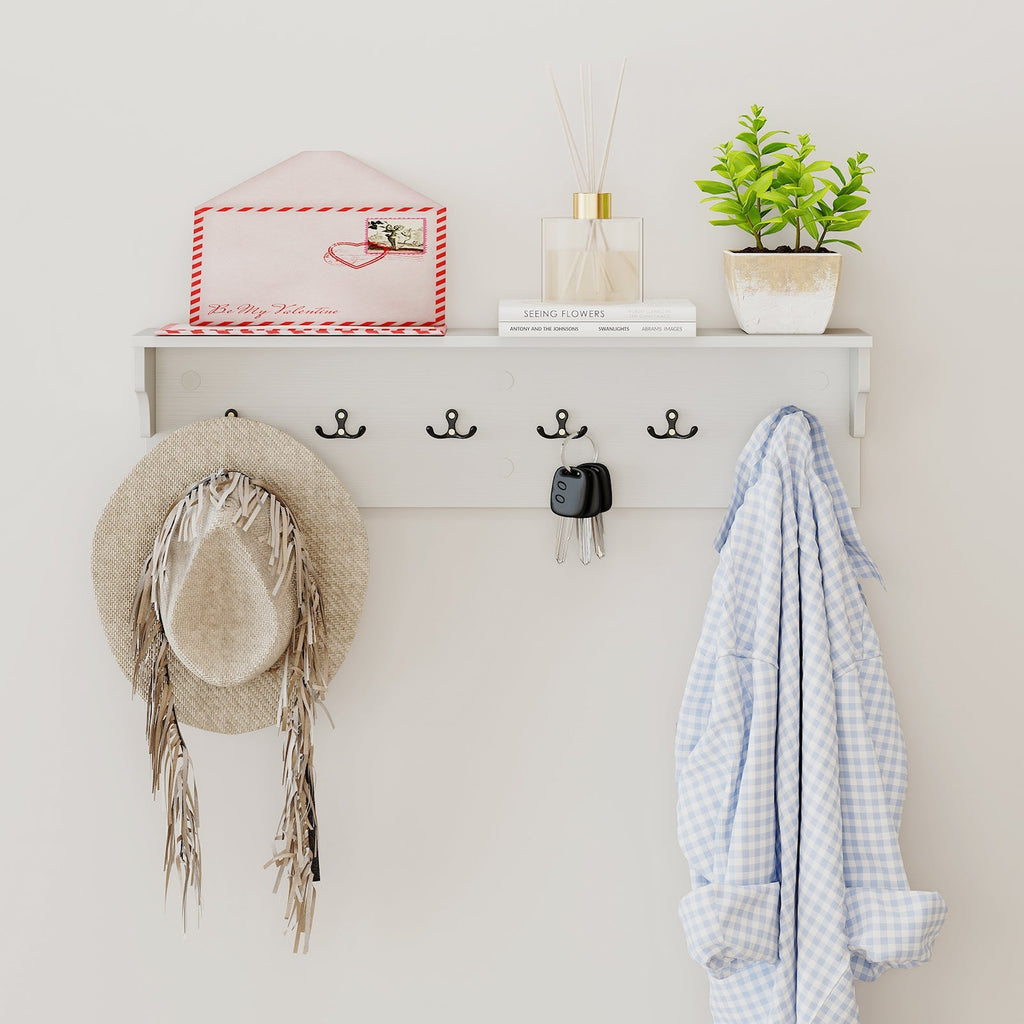 Wall Hooks with Shelf 31.5inch Wooden Coat Rack with 6 Hooks for Hats Towels Purses Robes