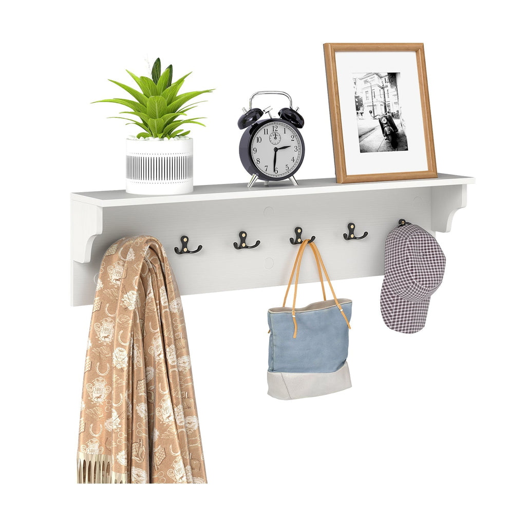Wall Hooks with Shelf 31.5inch Wooden Coat Rack with 6 Hooks for Hats Towels Purses Robes