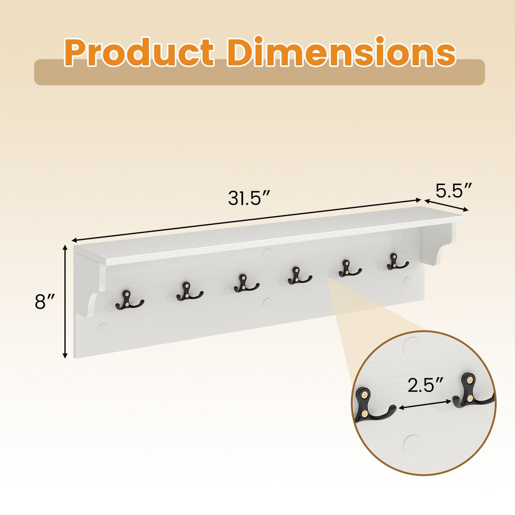 Wall Hooks with Shelf 31.5inch Wooden Coat Rack with 6 Hooks for Hats Towels Purses Robes