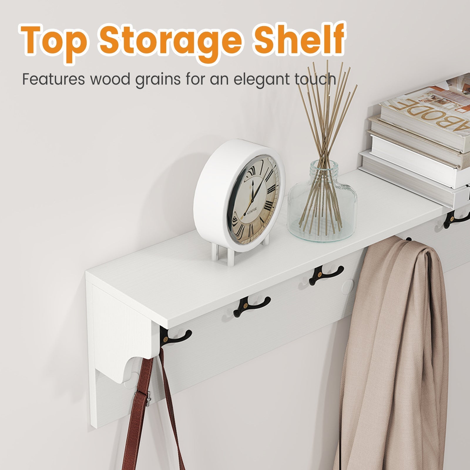 Wall Hooks with Shelf 31.5inch Wooden Coat Rack with 6 Hooks for Hats Towels Purses Robes