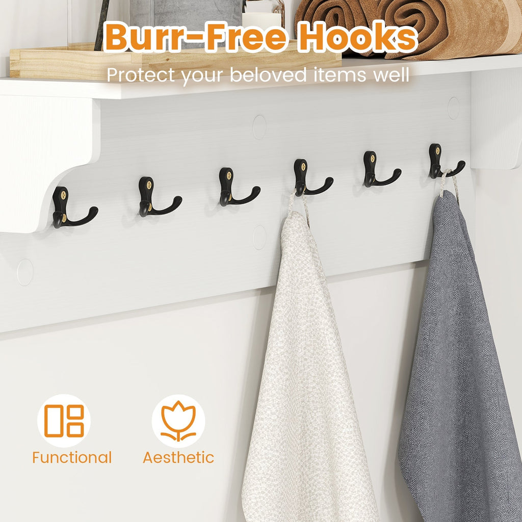 Wall Hooks with Shelf 31.5inch Wooden Coat Rack with 6 Hooks for Hats Towels Purses Robes