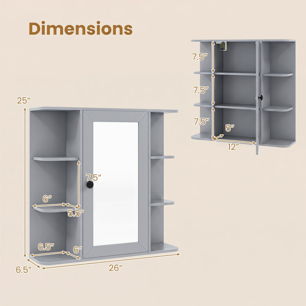 Wall Mounted Bathroom Medicine Cabinet with Mirror - Gray