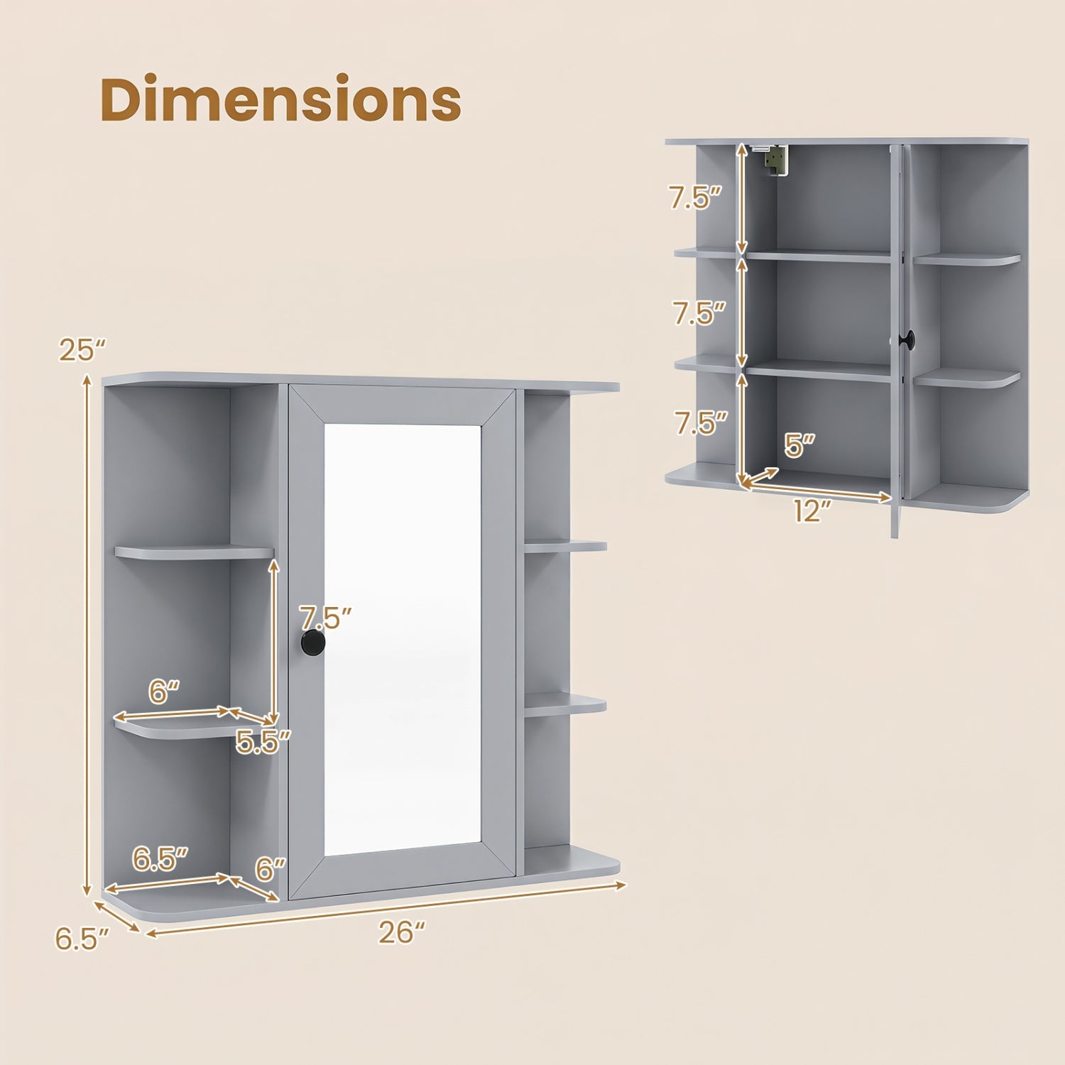 Wall Mounted Bathroom Medicine Cabinet with Mirror - Gray