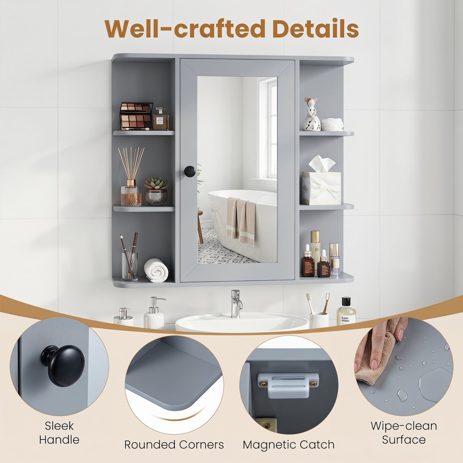 Wall Mounted Bathroom Medicine Cabinet with Mirror - Gray