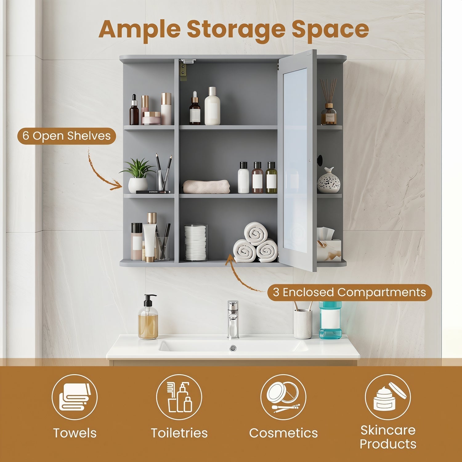 Wall Mounted Bathroom Medicine Cabinet with Mirror - Gray