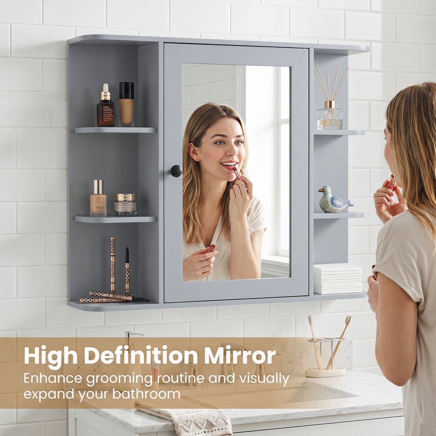 Wall Mounted Bathroom Medicine Cabinet with Mirror - Gray