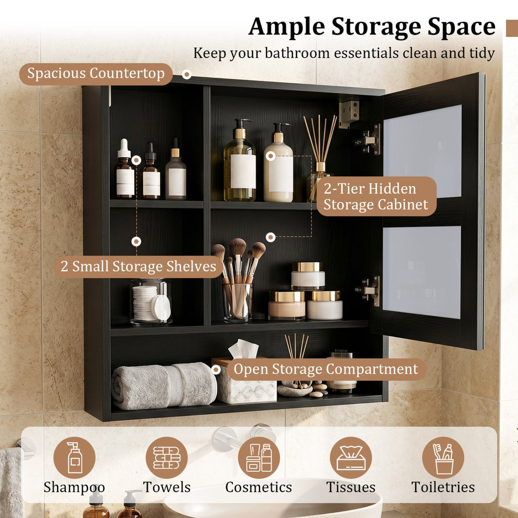 Wall-Mounted Mirror Cabinet with Hidden & Open Storage