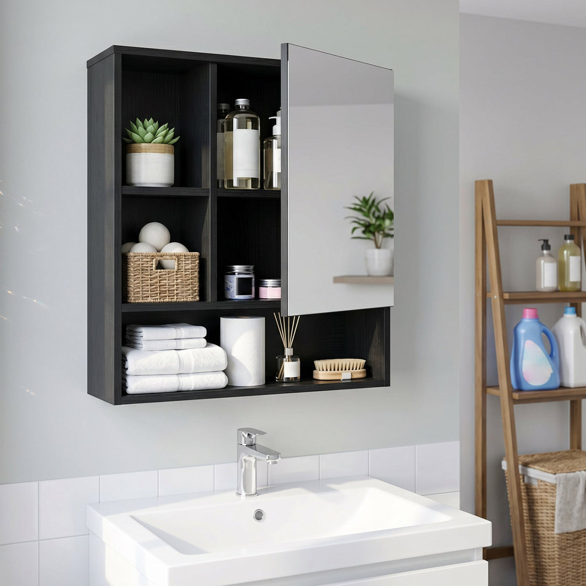 Wall-Mounted Mirror Cabinet with Hidden & Open Storage