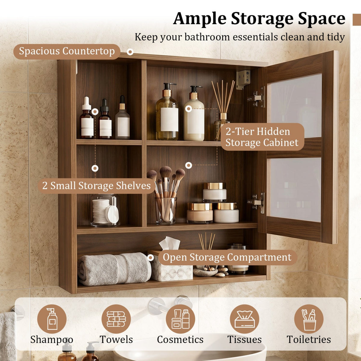 Wall-Mounted Mirror Cabinet with Hidden & Open Storage