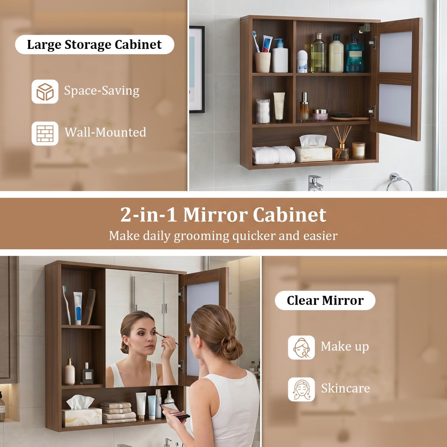 Wall-Mounted Mirror Cabinet with Hidden & Open Storage