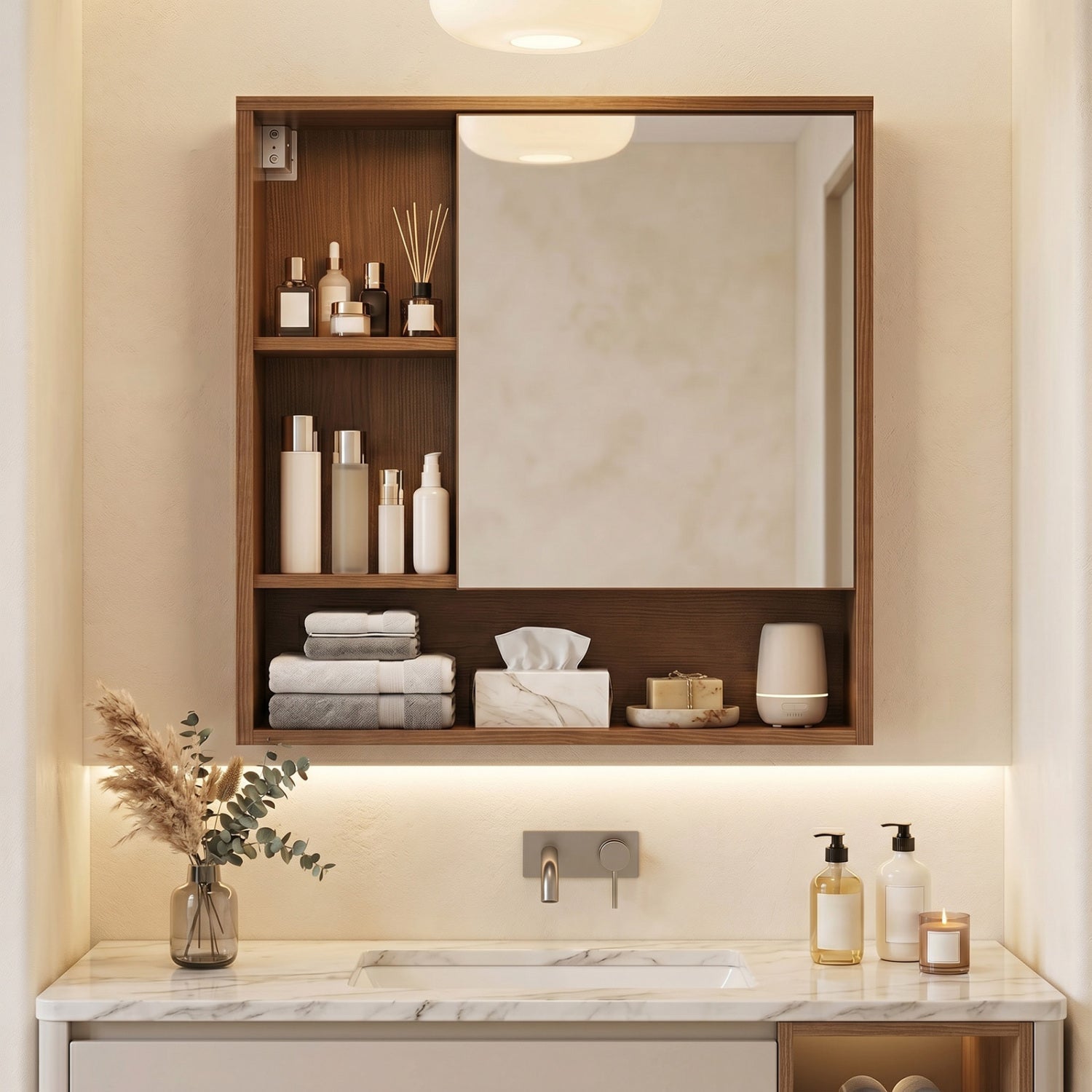 Wall-Mounted Mirror Cabinet with Hidden & Open Storage