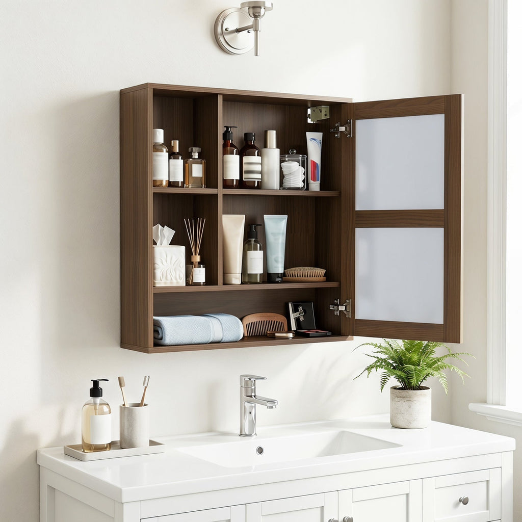 Wall-Mounted Mirror Cabinet with Hidden & Open Storage