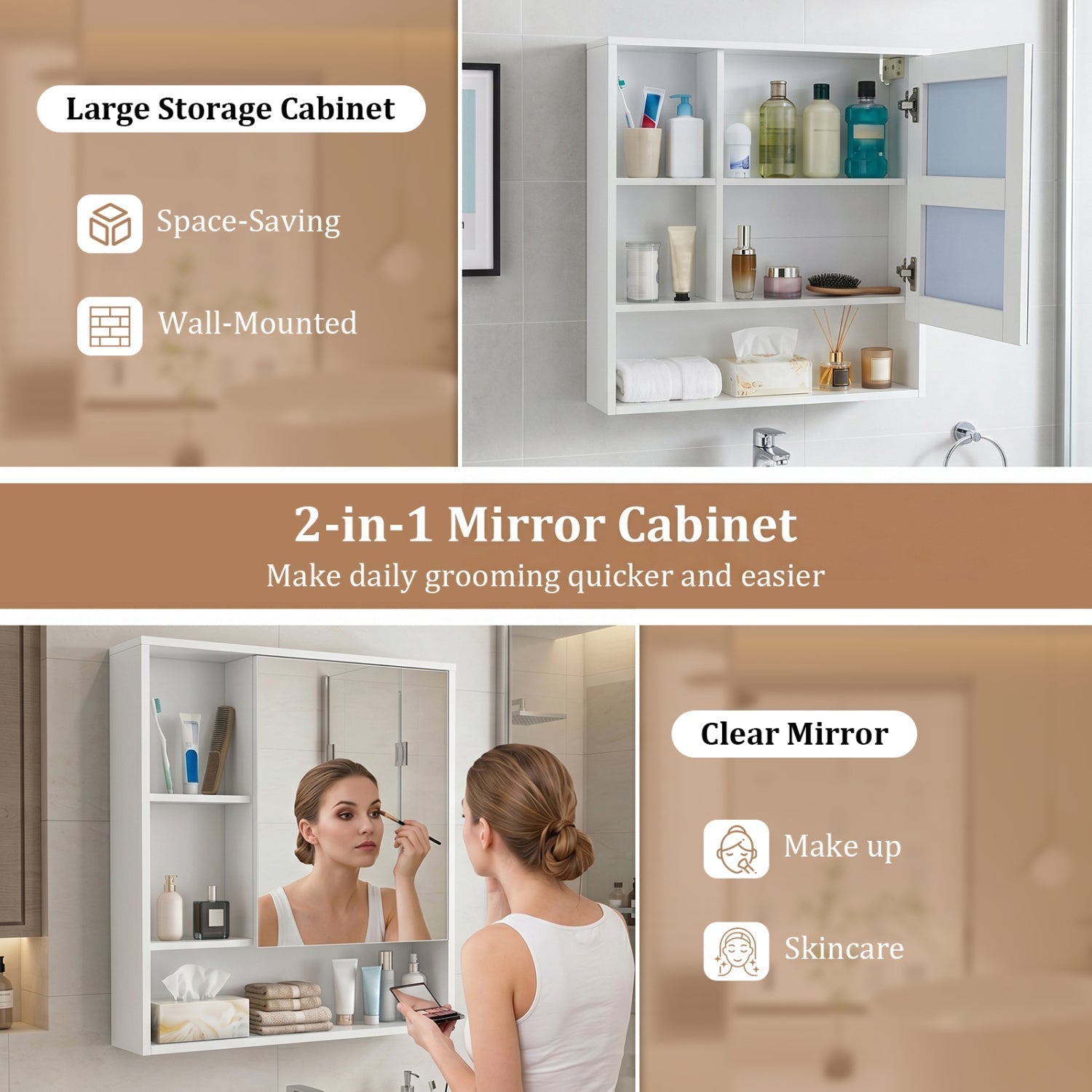 Wall-Mounted Mirror Cabinet with Hidden & Open Storage