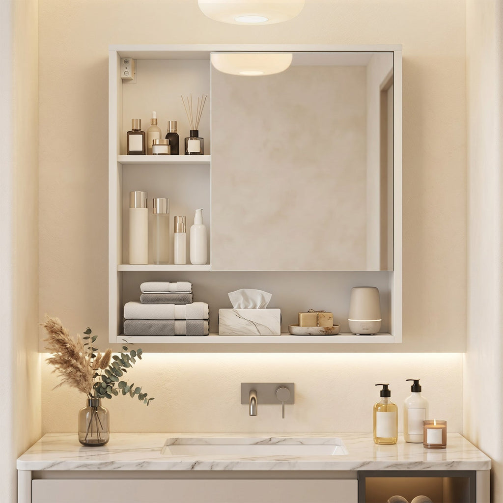 Wall-Mounted Mirror Cabinet with Hidden & Open Storage