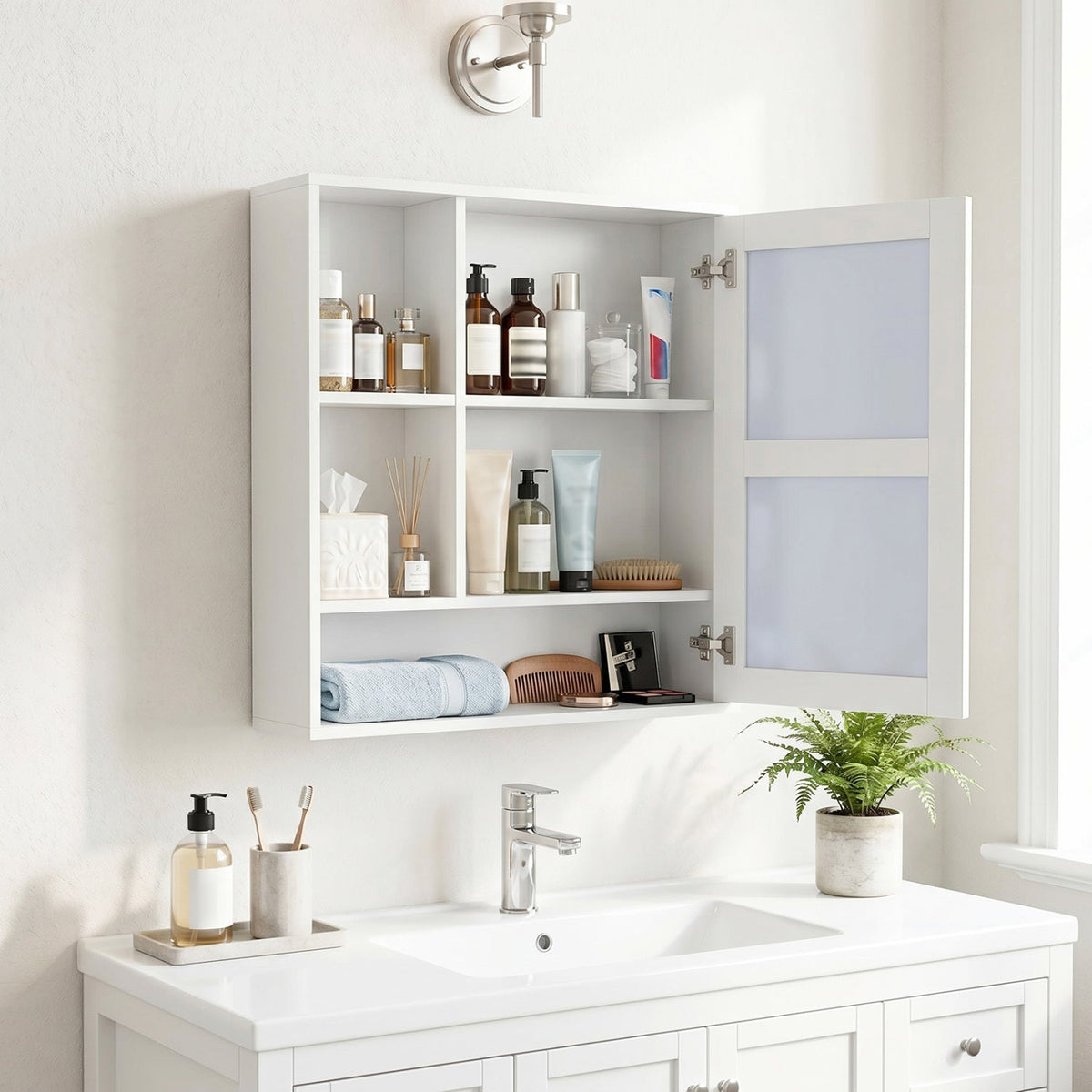 Wall-Mounted Mirror Cabinet with Hidden & Open Storage