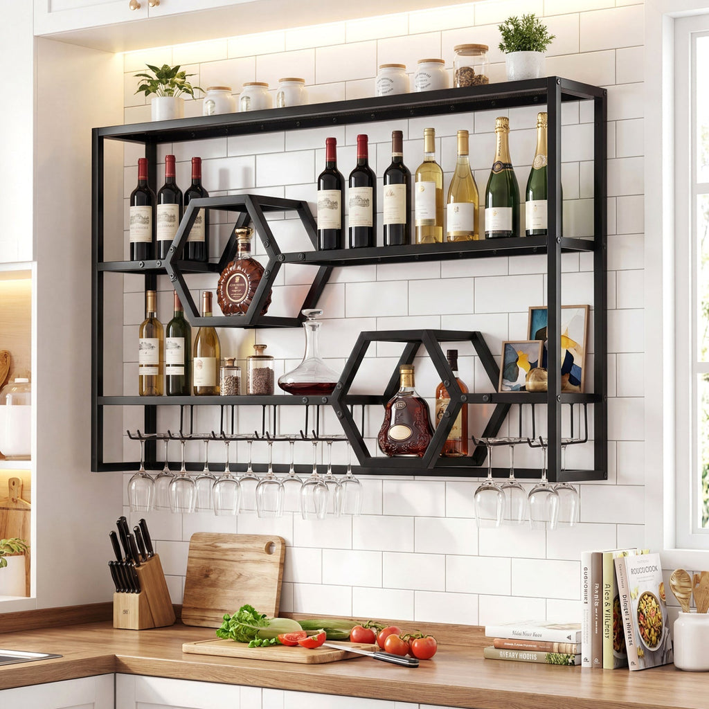 Wall Mounted Wine Rack 47" Large Floating Bar Shelves