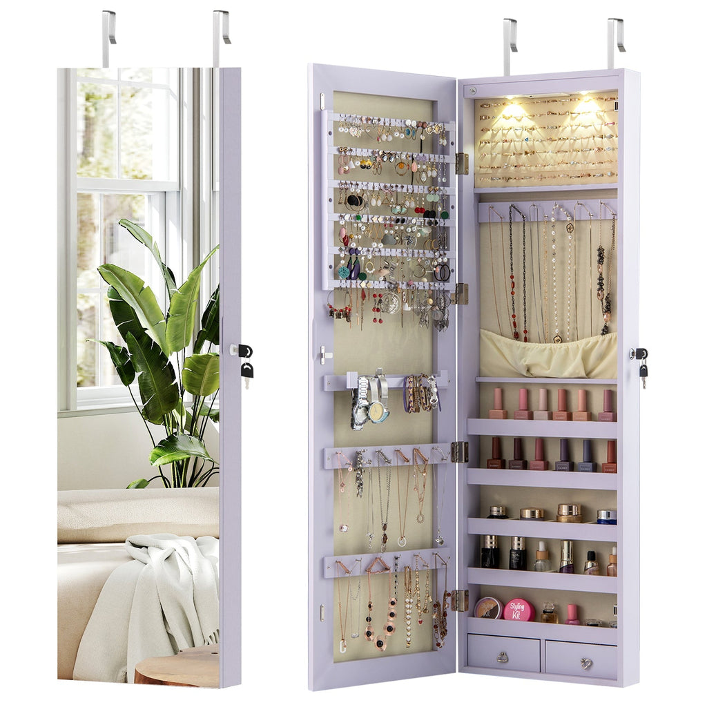 Wall and Door Mounted Mirrored Jewelry Cabinet with Lights