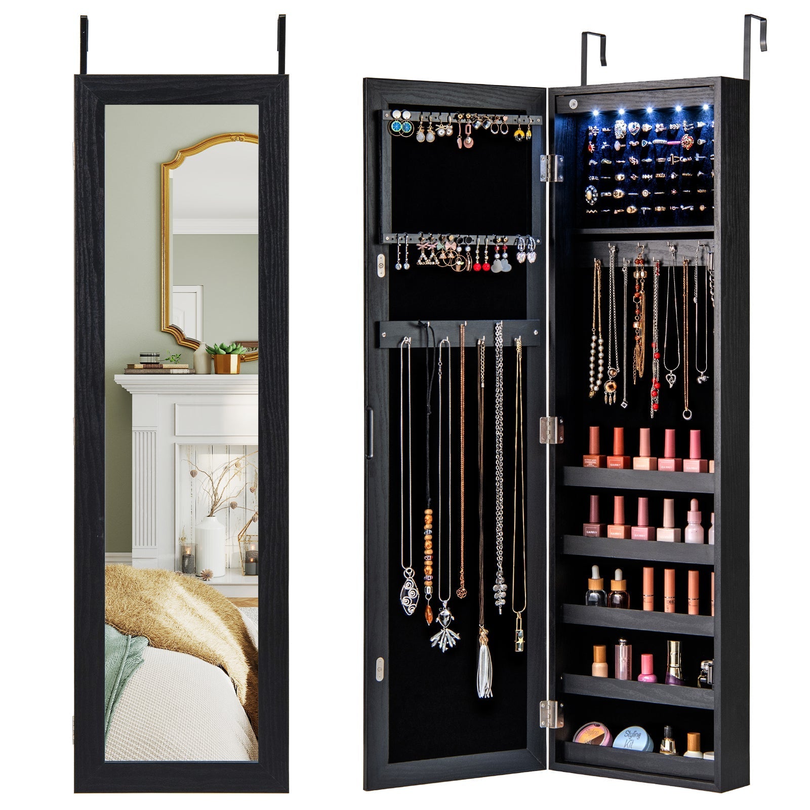Wall or Door Mounted Jewelry Cabinet with Full-Length Mirror and LED Lights