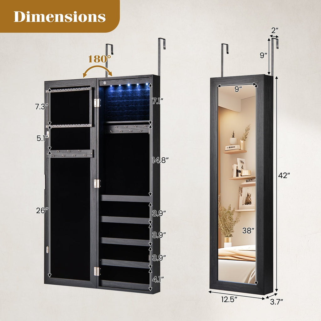 Wall or Door Mounted Jewelry Cabinet with Full-Length Mirror and LED Lights