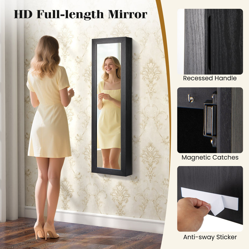 Wall or Door Mounted Jewelry Cabinet with Full-Length Mirror and LED Lights