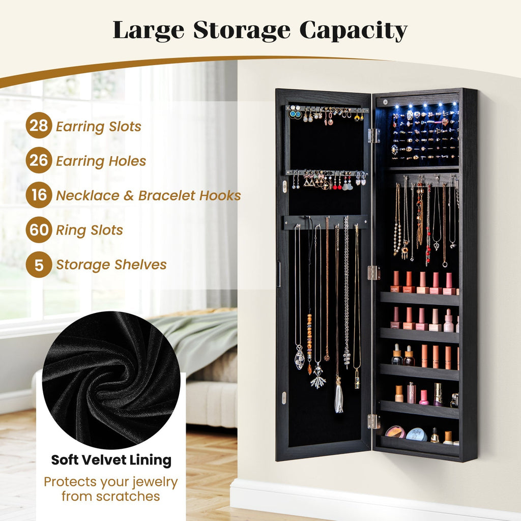 Wall or Door Mounted Jewelry Cabinet with Full-Length Mirror and LED Lights