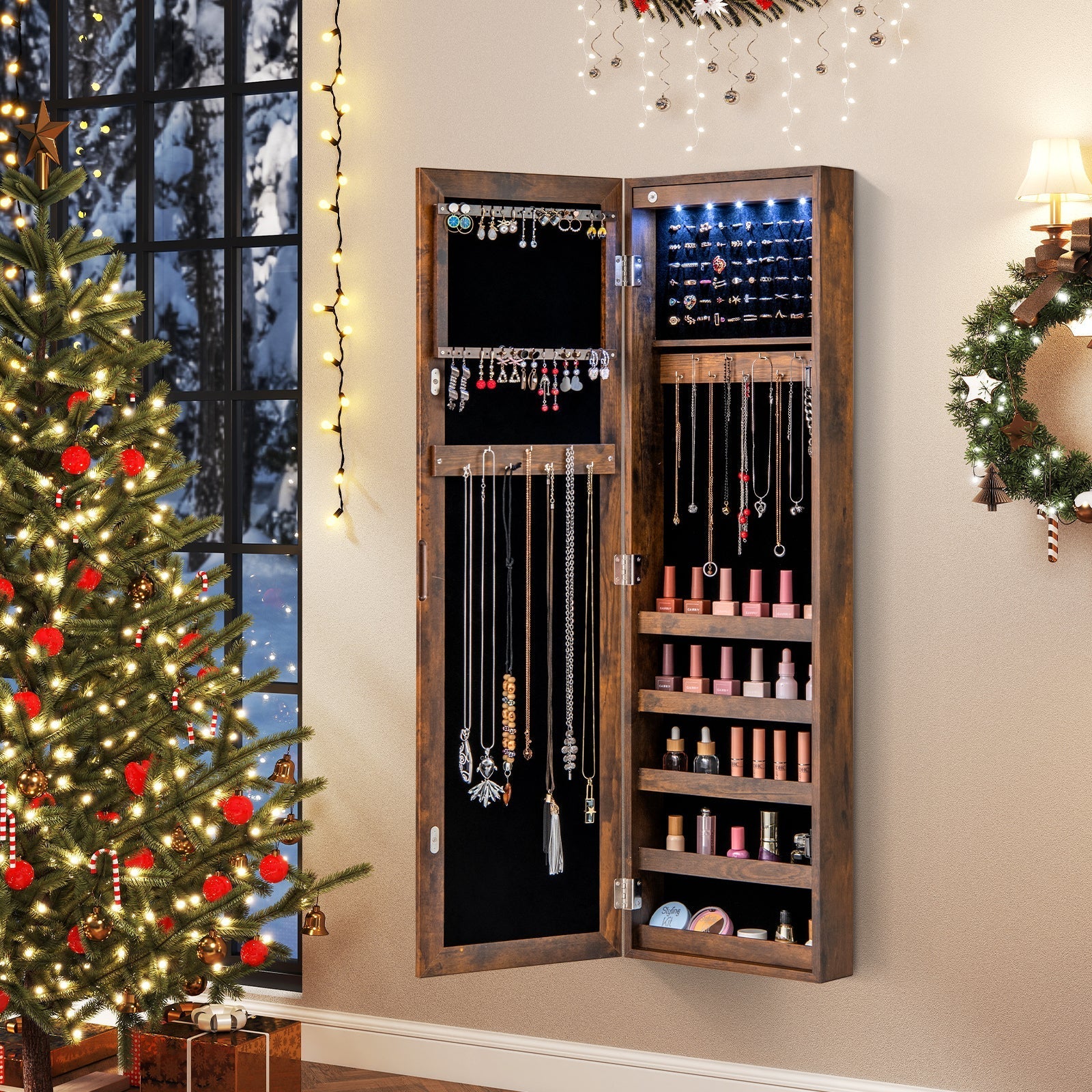 Wall or Door Mounted Jewelry Cabinet with Full-Length Mirror and LED Lights