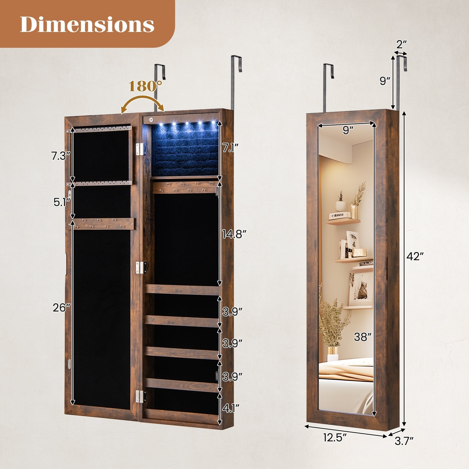Wall or Door Mounted Jewelry Cabinet with Full-Length Mirror and LED Lights