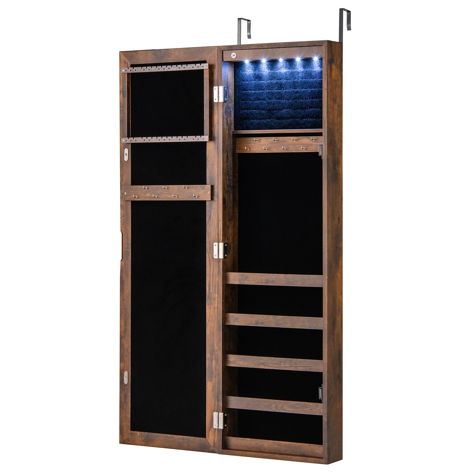 Wall or Door Mounted Jewelry Cabinet with Full-Length Mirror and LED Lights
