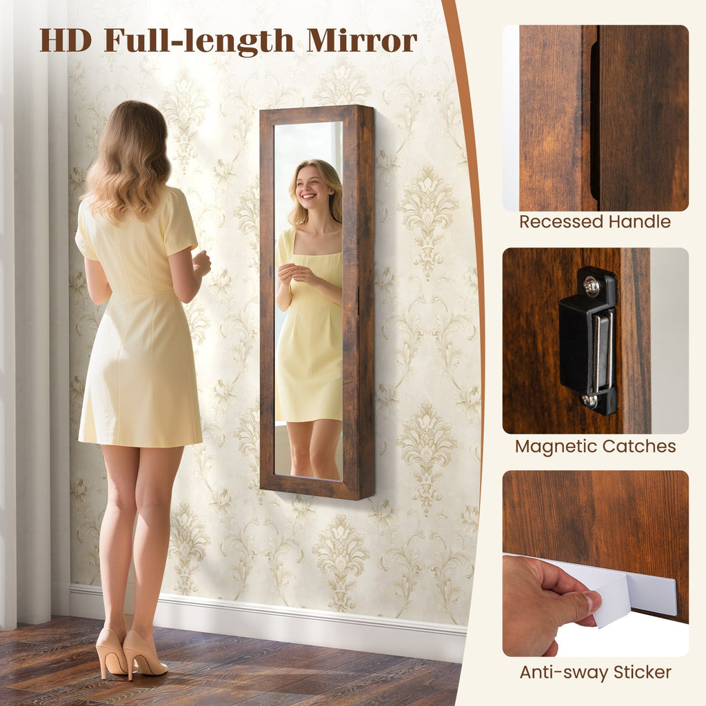 Wall or Door Mounted Jewelry Cabinet with Full-Length Mirror and LED Lights
