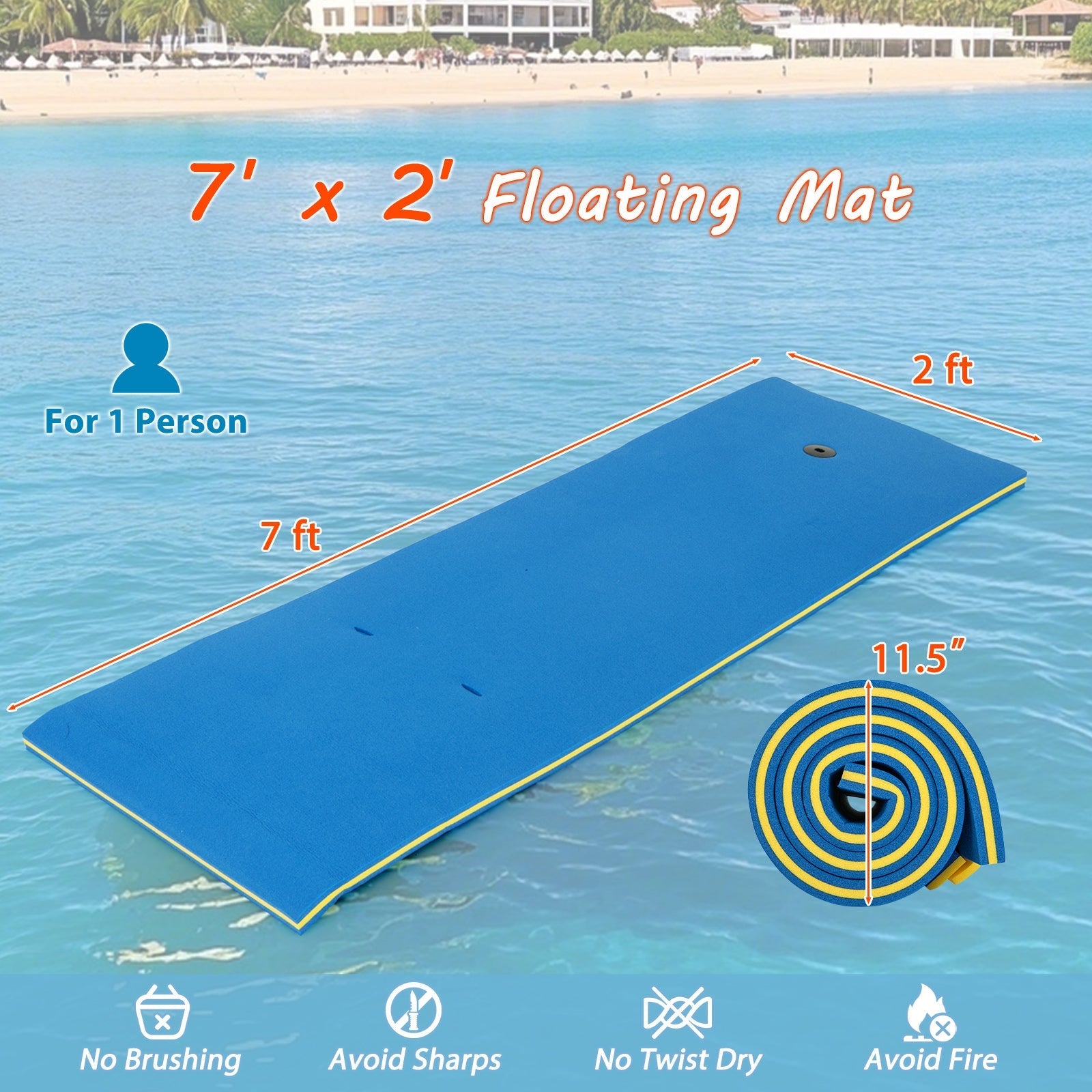7 Inches x 2 Inches Water Mat with Safety Tether and Pillow Design for Lake and Pool-Blue