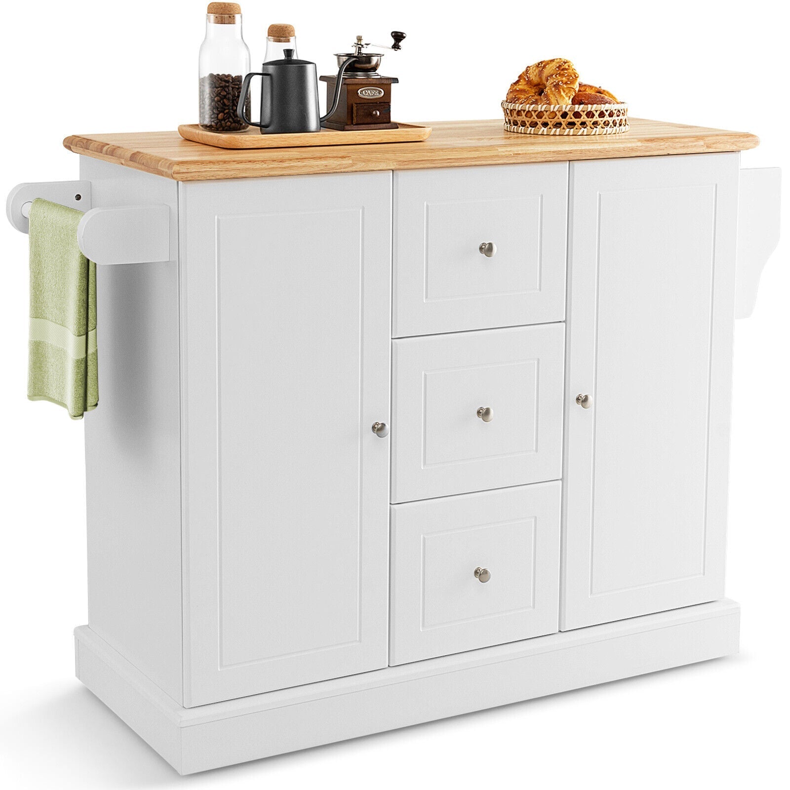 2-Door Large Mobile Kitchen Island Cart with Hidden Wheelsand 3 Drawers