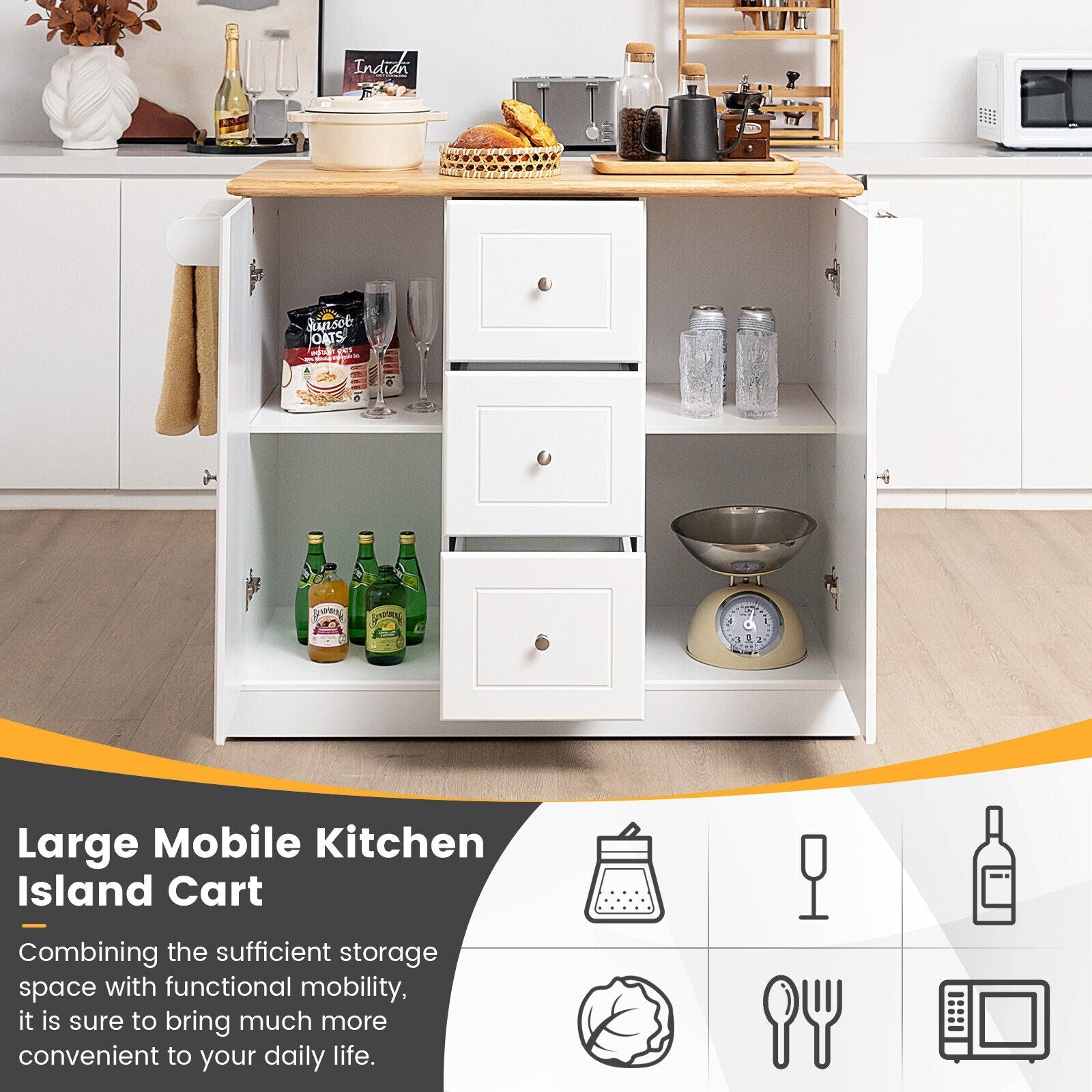 2-Door Large Mobile Kitchen Island Cart with Hidden Wheelsand 3 Drawers