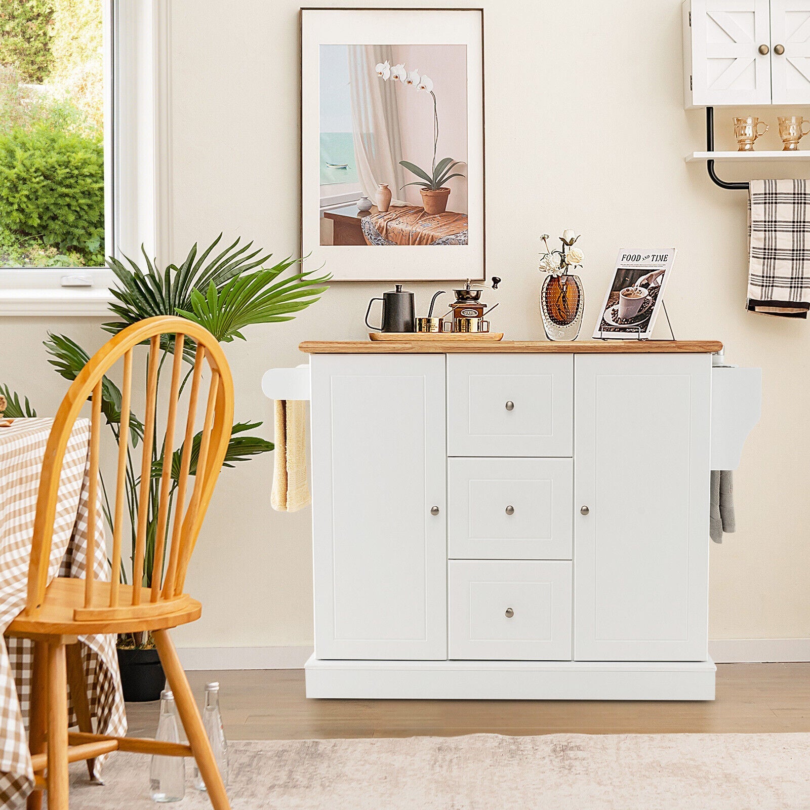 2-Door Large Mobile Kitchen Island Cart with Hidden Wheelsand 3 Drawers