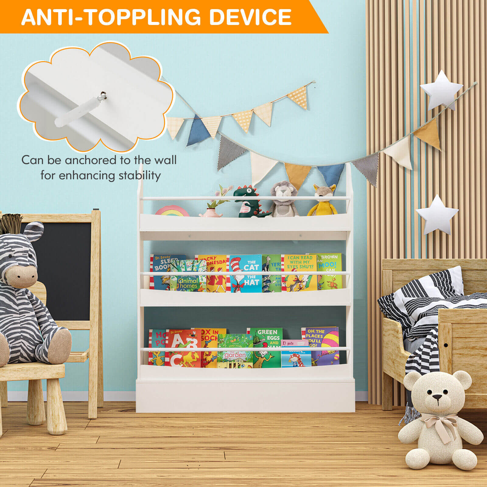 3-Tier Bookshelf with 2 Anti-Tipping Kits for Books and Magazines