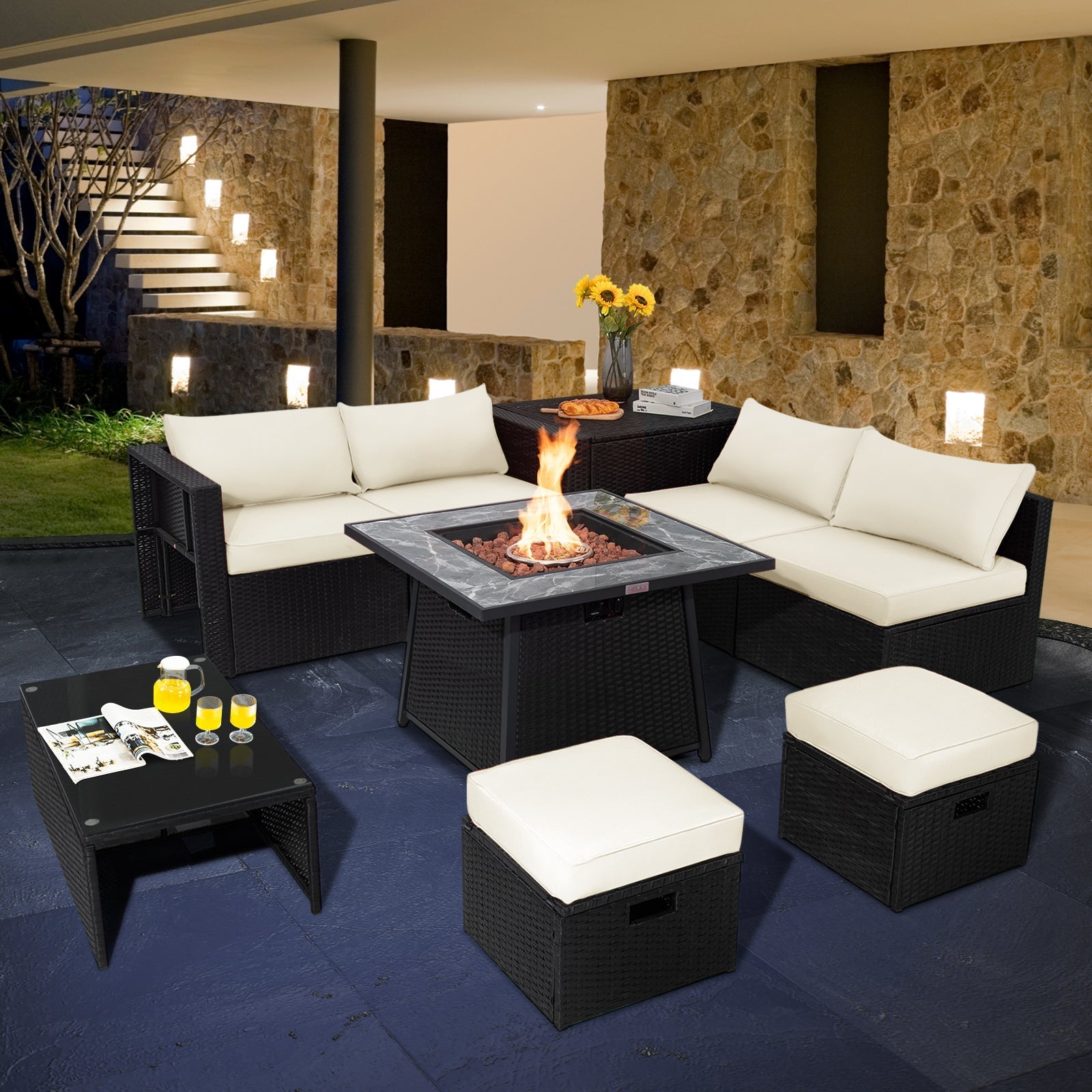 9 Pieces Outdoor Wicker Sectional with 35 Inch Gas Fire Pit Table