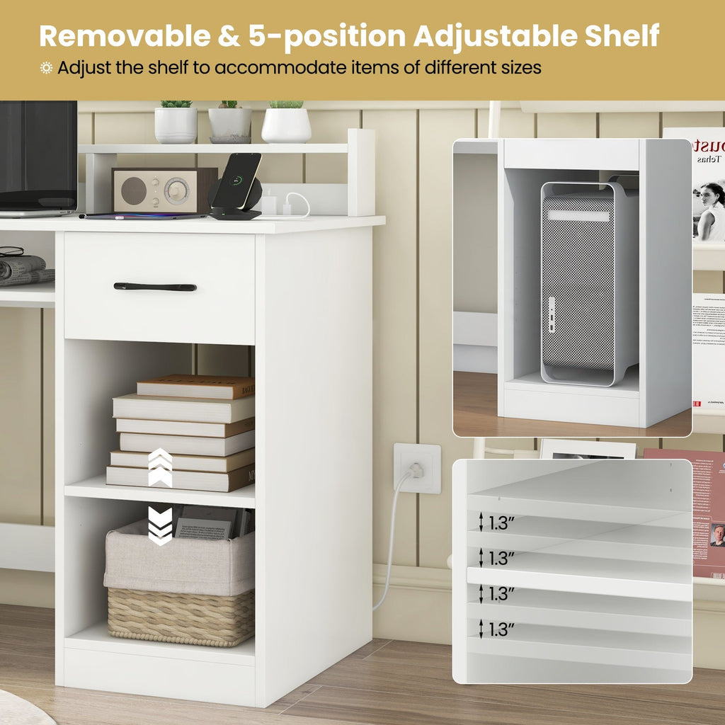White Desk with Charging Station and Adjustable Shelf for Home Office-White
