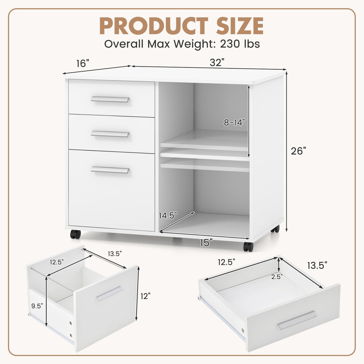 3-Drawer Mobile Lateral File Cabinet Printer Stand