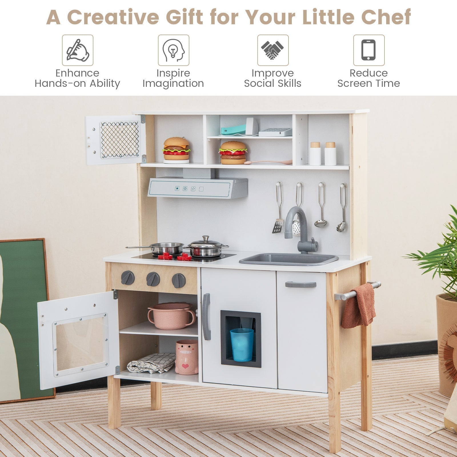 Wooden Pretend Play Kitchen Set for Toddlers
