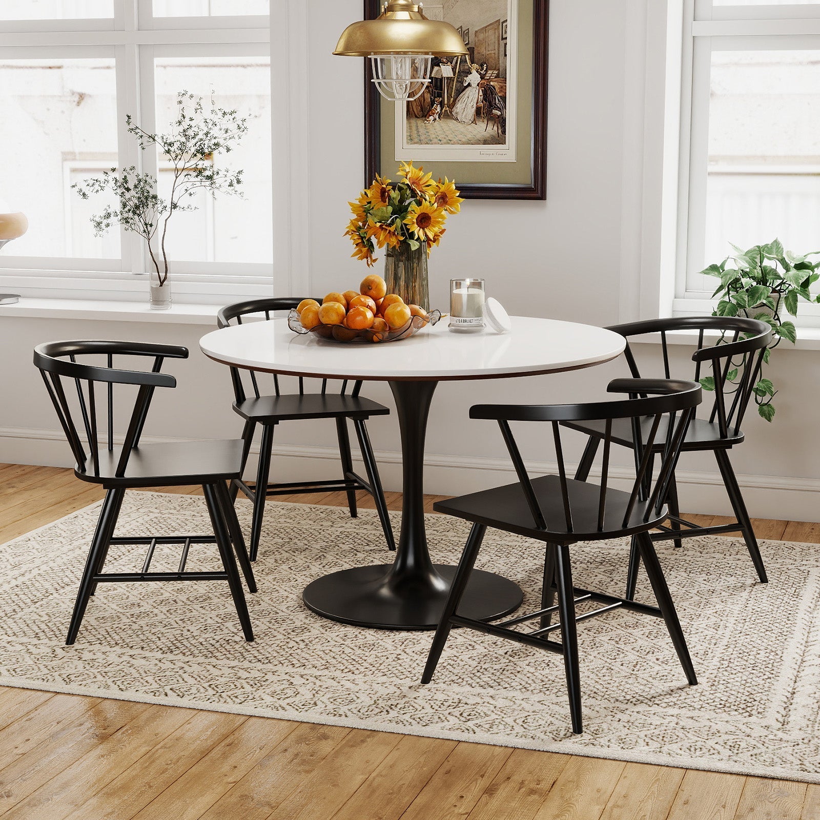Windsor Dining Chair Set of 2 Mid-Century Modern Black Kitchen Chairs-Black