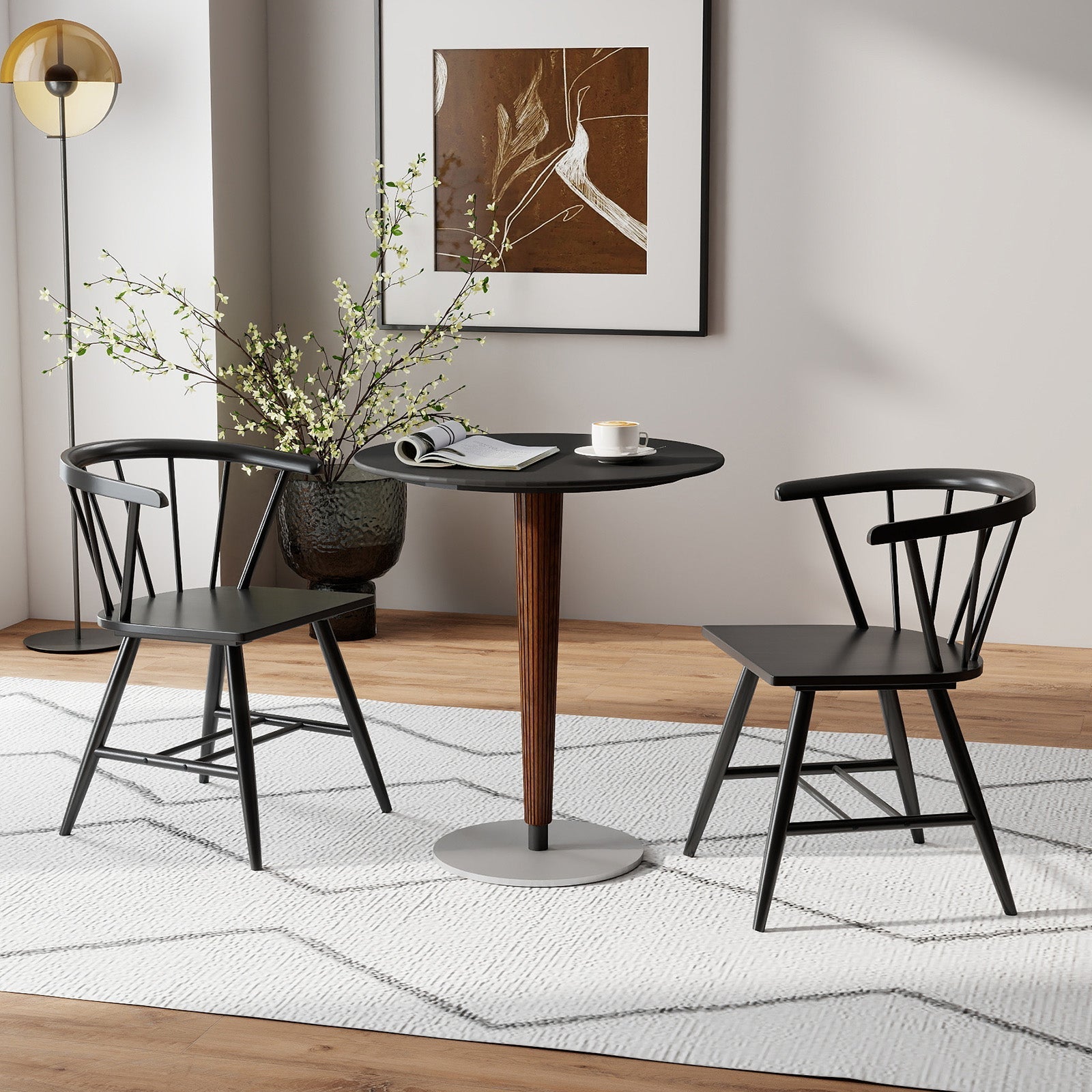 Windsor Dining Chair Set of 2 Mid-Century Modern Black Kitchen Chairs-Black