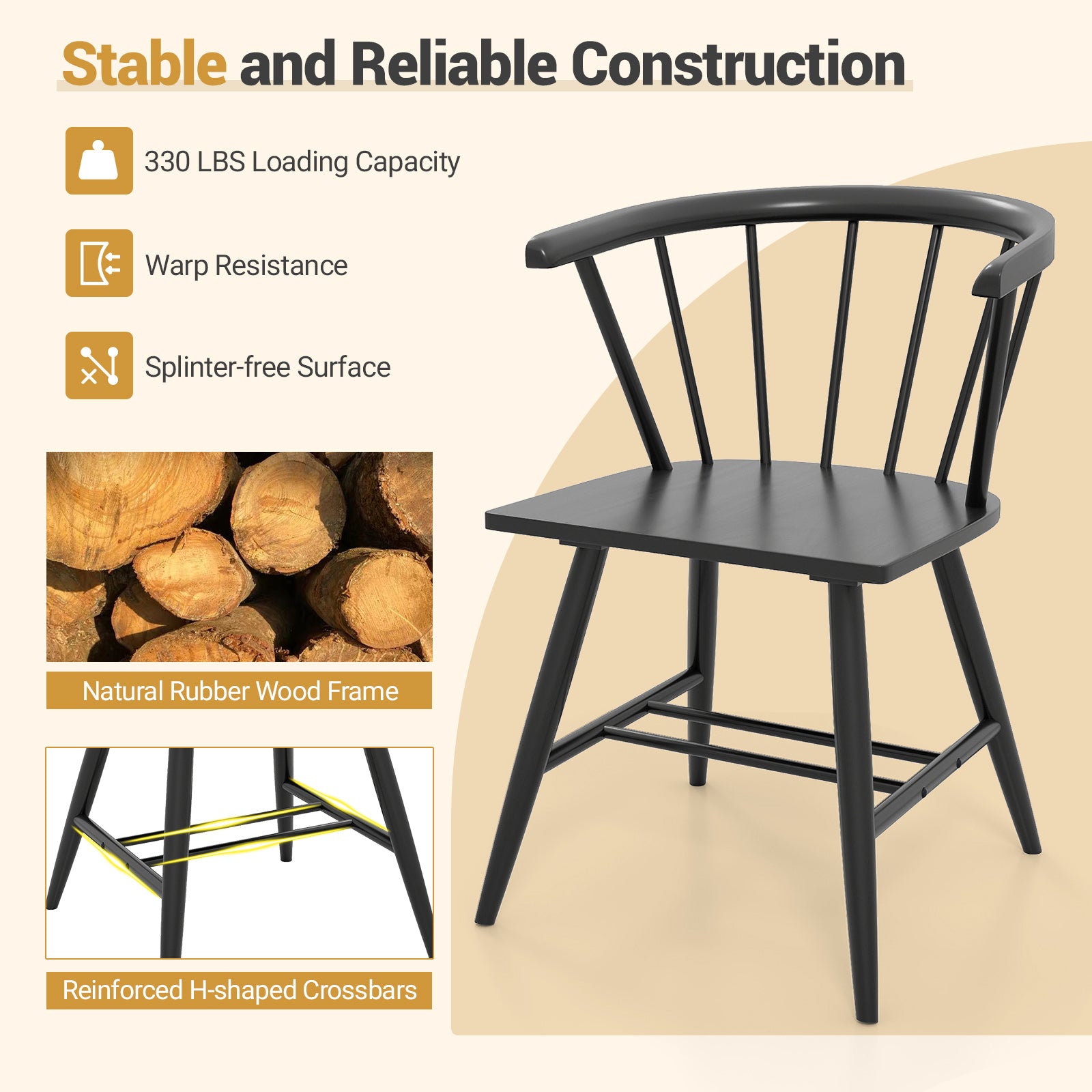 Windsor Dining Chair Set of 2 Mid-Century Modern Black Kitchen Chairs-Black