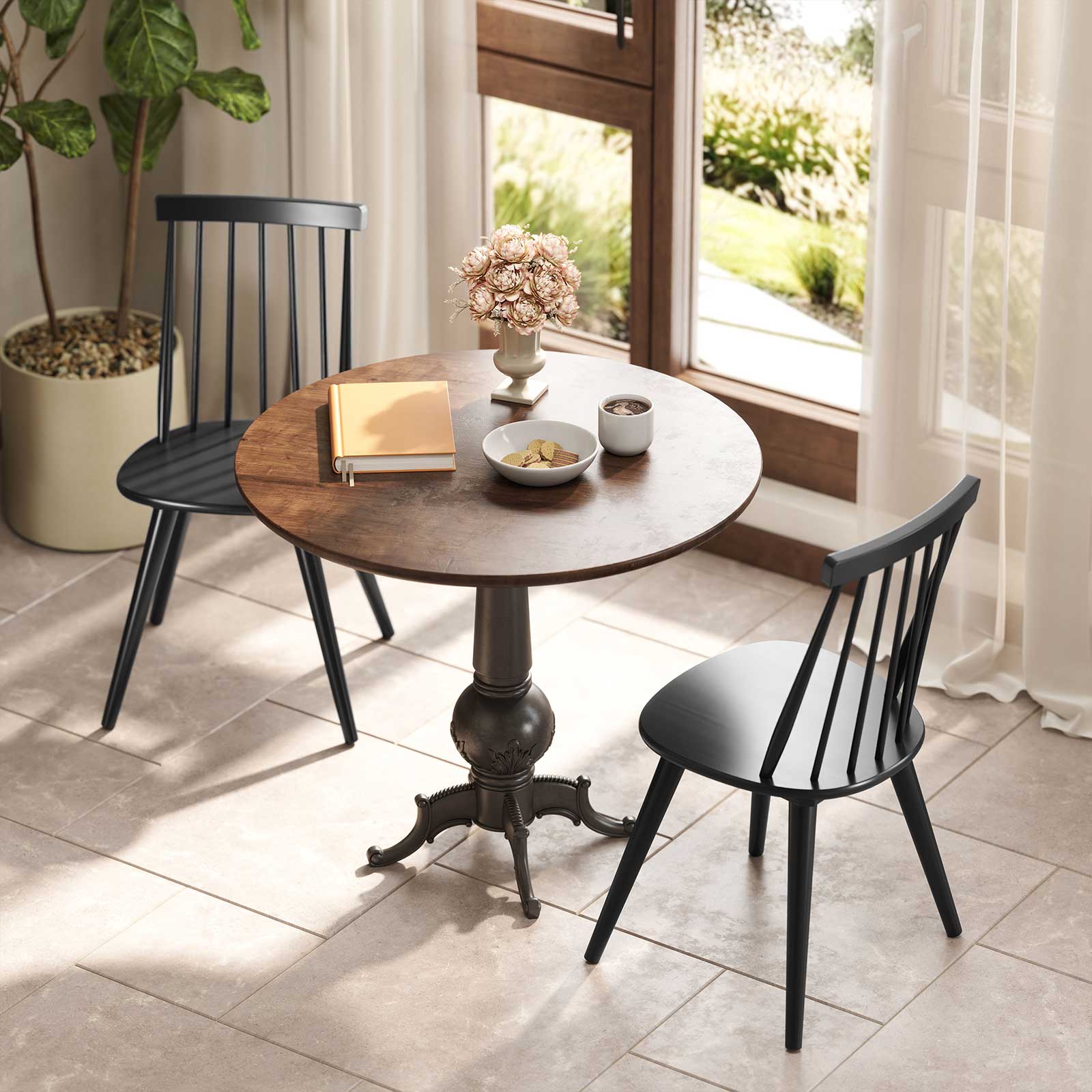 Windsor Dining Chair Set of 4 with Solid Rubber Wood Frame-Black