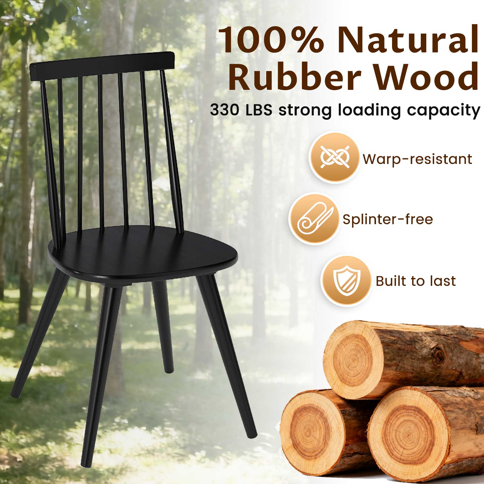 Windsor Dining Chair Set of 4 with Solid Rubber Wood Frame-Black