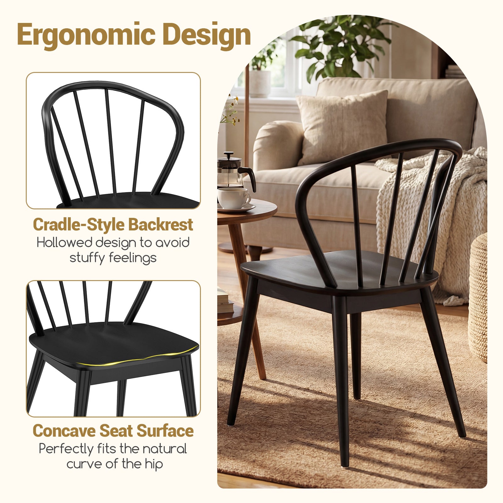 Windsor Dining Chairs Set of 4 with Spindle Backrest-Black