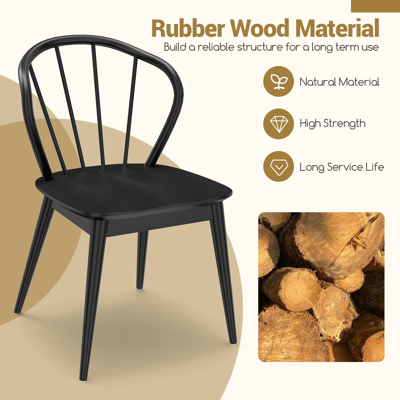 Windsor Dining Chairs Set of 4 with Spindle Backrest-Black