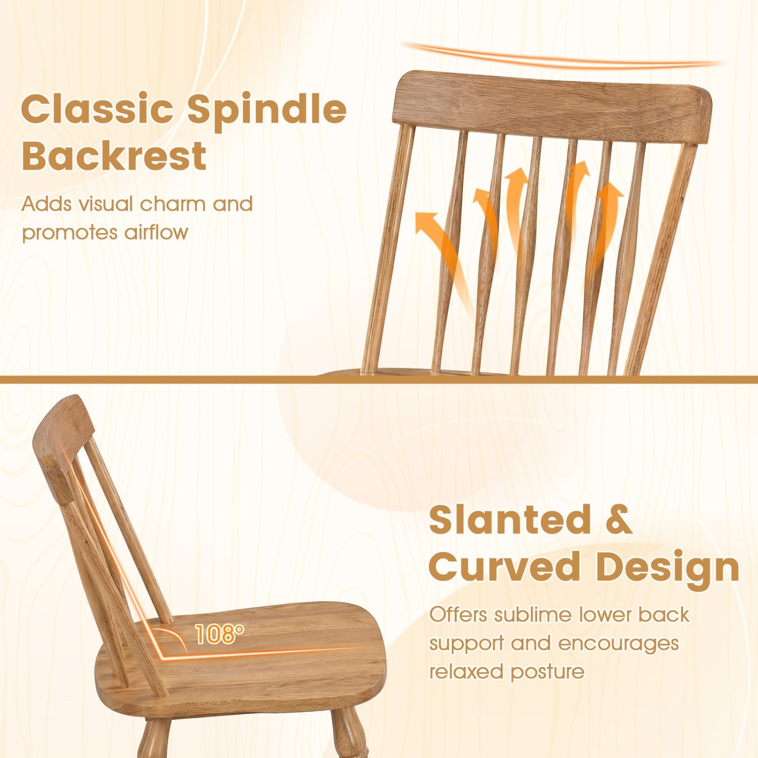 Windsor Dining Chairs Set of 4 with Curved Spindle Back