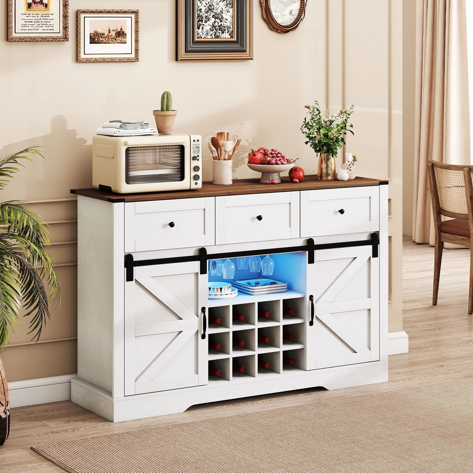 52 Inches Wine Bar Cabinet with LED Lights and Sliding Barn Doors